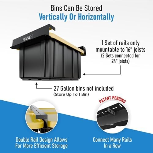 USA Based Overhead Garage Storage Rack, Connectable Heavy Duty Metal Ceiling Rails Garage Storage Organization Shelving System, Hanging Racks Tote Containers, Supports Up To 1 Bin, 1 Set Black - Image 2