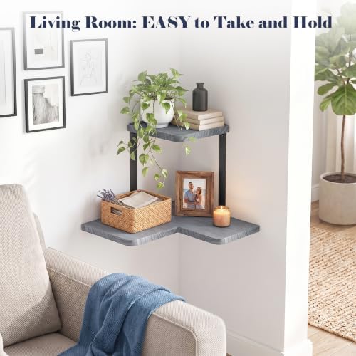 SRIWATANA 2-Tier Corner Wall Shelf,Rustic Wood Display Shelf Weathered Grey - Image 4