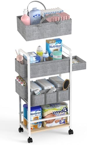 LIDTOP 2In1 Diaper Caddy & 4-Tier Rolling Diaper Cart, Diaper Caddy Organizer Cart with Dividers & Drawer, Mobile Metal Bedside Cart for Baby Nursery Essentials Storage, Large Capacity, White by LIDTOP