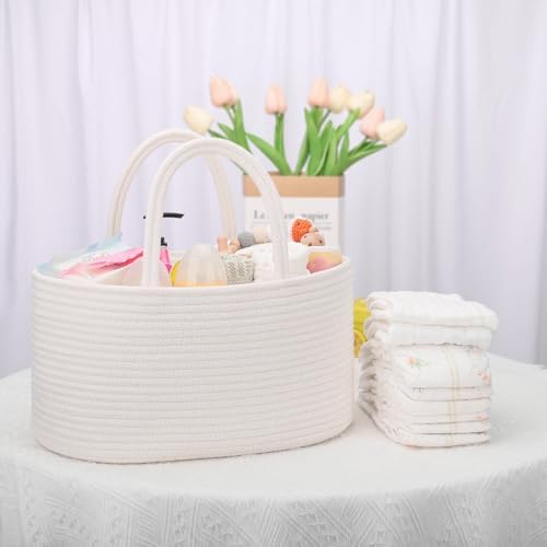 COMSE Large Cotton Rope Baby Diaper Caddy Organizer with Handles, White - Image 7