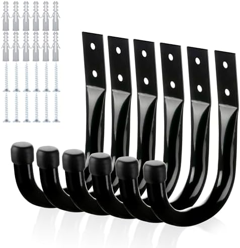 KURUI Metal Wall Hooks for Hanging Heavy Duty, 6Pcs Garage Organization and Storage Hook for Extension Cord Tool Coat Backpack Bag, Large Utility J Hooks, Black Wall Mount Hanges for Outdoor Indoor by KURUI