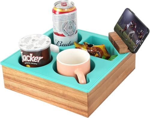 Couch Cup Holder Tray, Handy Soft Silicone Acacia Wooden Couch Caddy for Bed Car Seat Beach Organizer, Waterproof Anti-Spill Sofa Cup Holder for Snacks Beverage Remote (Green) by Hitseon