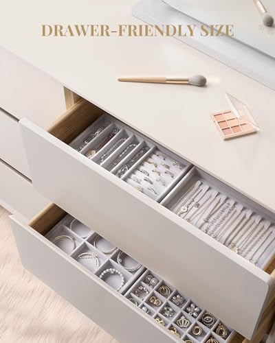 Lolalet Jewelry Drawer Organizer Inserts, Stackable Velvet Tray Jewelry Storage Organizers Set Display Cases for Necklaces Bracelets Earrings Rings Chains Bangles Watches, Grey, Set of 4 - Image 2