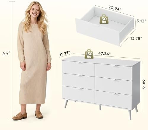 6-Drawer Moden TV Stand, White Tall TV Console Fits Up to 55" TV - Image 3