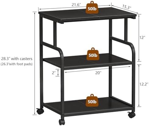 3-Tier Adjustable Large Printer Stand with Storage, Rolling Printer Cart with Lockable Wheels for Home, Office (Black) - Image 3