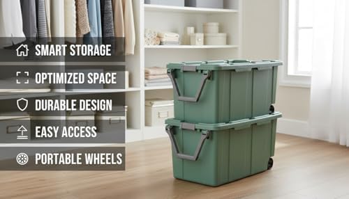 40 Gallon Light Green Rolling Industrial Storage Bins 2-Pack, Heavy-Duty Plastic with Leakproof Lid & Latches, Stackable for Garage Warehouse Equipment Transport - Image 2