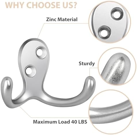Homanu 54 Pack Silvery Coat Hooks Wall Mounted Double Prong with 108 Screws - Image 4