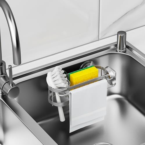 Cisily Kitchen Sink Caddy Sponge Holder in The Sink, Stainless Steel Kitchen Sink Organizer, Brush Holder, Dish Cloth Hanger, Sink Stopper Holder (Suction cup-Grey) - Image 6