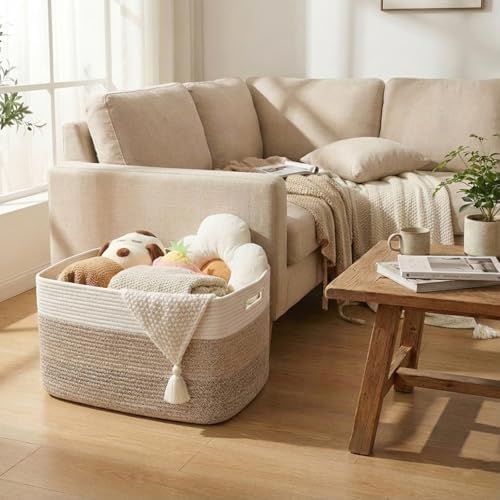 JMvicyroam 96L Large Woven Cotton Rope Blanket Basket, White&Brown - Image 2