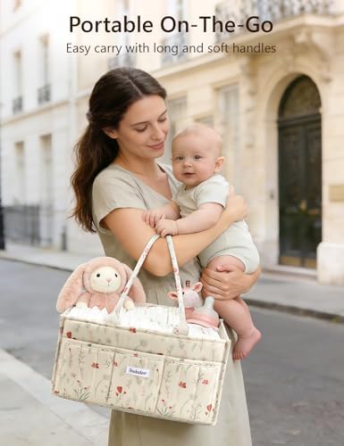 Quilted Floral Diaper Caddy Organizer, Nursery Storage Basket with Dividers - Image 4