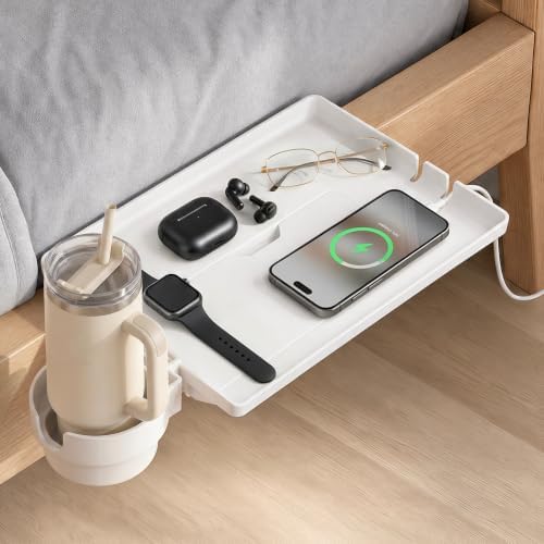 Clamp-On Bedside Shelf with Detachable Cup Holder & Cable Slots, Space-Saving Floating Nightstand for Top Bunk, Max 2.9", White by Unknown