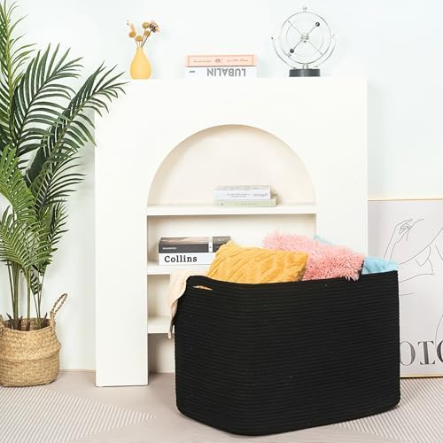 MINTWOOD Design 112L Extra Large Blanket Basket Holder Living Room, 25"x17"x16" Rectangle Rope Woven Storage Basket with Handles for Laundry, Pool Towels, Shoes, Dog Toy Organizer Bin Box, Black - Image 6
