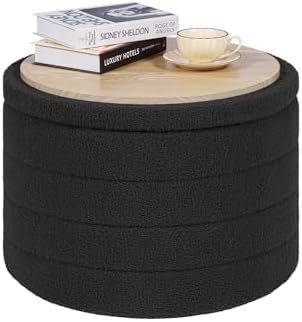 PINPLUS Large Round Folding Storage Ottoman, Dark Grey Boucle Footstool by PINPLUS