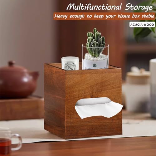 Square Tissue Box Cover with Storage Tray, Acacia Wood Tissue Box Holder - Image 2