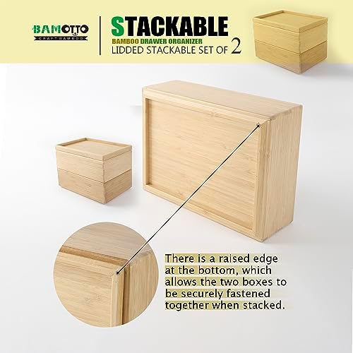 Stackable Bamboo Drawer Organizer Set – 2 Boxes with 1 Lid | Wood-Laminated Trays for Kitchen Utensils, Silverware & Flatware – Storage Fits Cabinets, Pantry, Bathroom & Office | 10.2"x7.3" (2-Pack) - Image 4