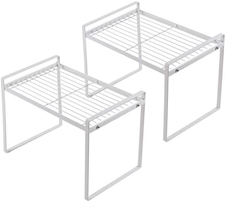 Shantton 2pk Kitchen Cabinet Shelf Counter Organizer Rack Pantry Storage Bathroom Bedroom Office Table Desk Space Saving Steel Frame Stackable Rust Resistant Non Slip White-Tall- L13in W8.3in H9.5in by Shantton