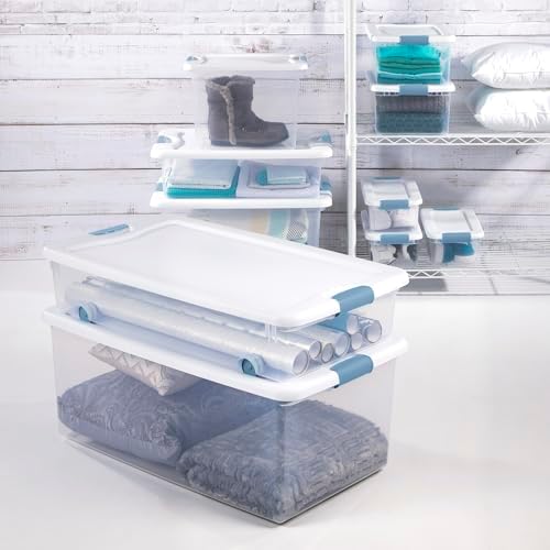 Sterilite Latching Storage Box, Stackable Bin with Latch Lid, Plastic Container to Organize Closet Shelf, Clear with White Lid, 56 Quart, 12-Pack - Image 4
