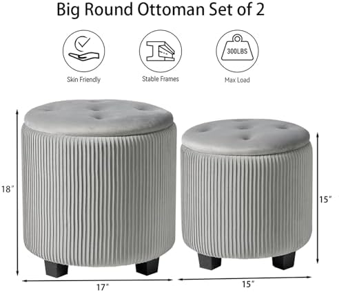 BLEXA Tufted Ottoman Set of 2 Large Round Velvet Storage Ottoman Gra - Image 3
