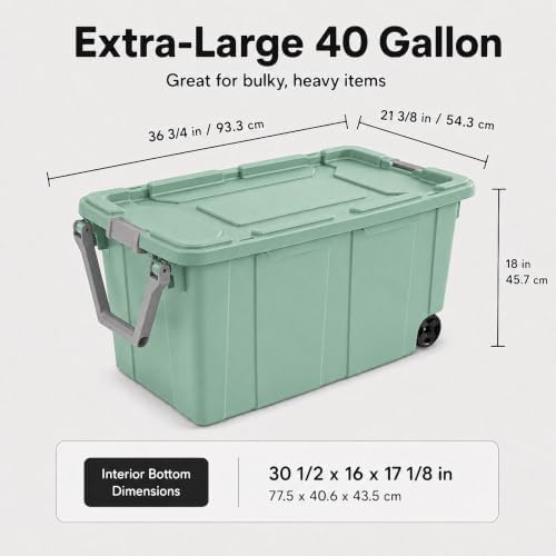 40 Gallon Plastic Storage Bin with Wheels Heavy Duty Rolling Tote,Green - Image 2