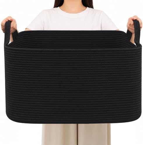 96L Woven Laundry Basket with Handles, Extra Blanket Basket,Black by HZFTJOY