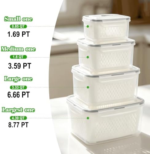 KUK 4 Pack Fruit Storage Containers for Fridge, Leakproof Food Containers with Removable Colander, Fruit Containers for Fridge BPA Free Produce Containers Keep Vegetables Berry Meat Fresh Longer - Image 2