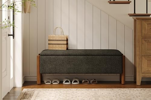 Modern Storage Benches with Walnut Wood Legs, 47'' Ottoman Bench with 20 Gallons Storage Space for Bedroom End of Bed, Fabric Upholstered Entryway Bench with Seating for Livingroom, Gray - Image 4