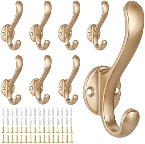 8 Pack Coat Hooks Wall Mount Heavy Duty Utility Retro Double Hooks for Hanging Coats,Hat, Towel, Key, Robe, Scarf, Bag, Cap (Gold) by PEOIAOY