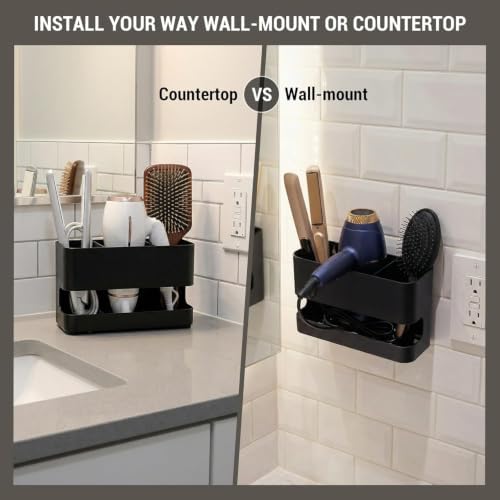 MyGift Wall Mount Salon Hair Tool Organizer with 3 Slots, Black Metal - Image 3