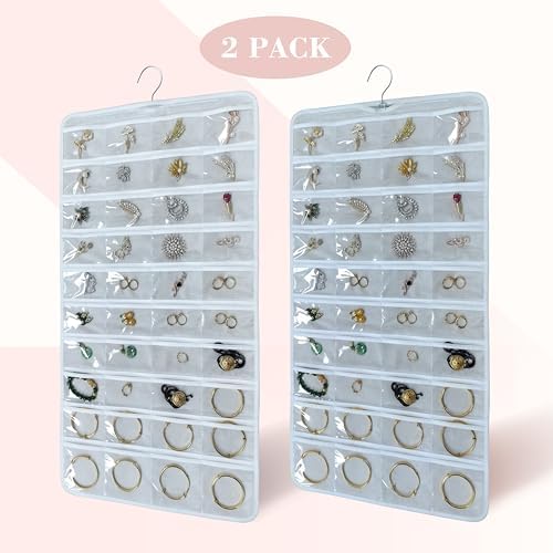 80 Pocket Hanging Jewelry Organizer with Hanger Metal Hooks Storage On Wall Door Closet Double-Sided(Each Side 40 Pockets) Jewelry Holder for Earrings, Necklaces, Rings (White+White) - Image 3