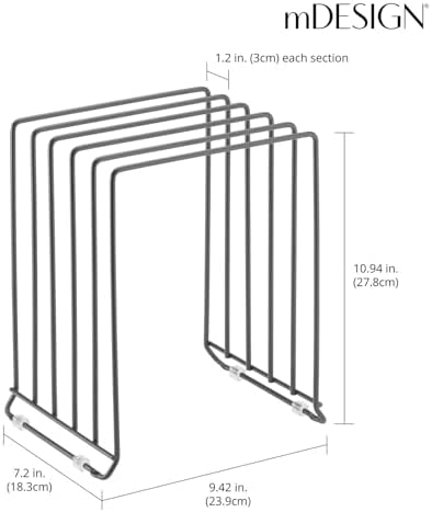 mDesign Pot Lid and Pan Rack — Metal Wire Rack for Cabinets, Pantries or Kitchen Surfaces — Freestanding Pan Stand with 5 Slots for Pans, Pots, Lids and Crockery — Dark Grey - Image 3