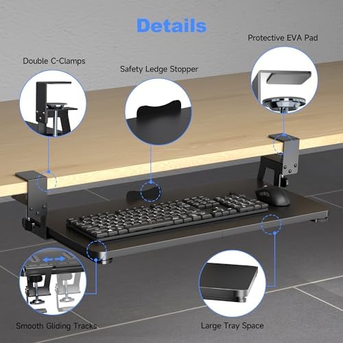 XINLEI Keyboard Tray Under Desk Large C-Clamp 25.6” (30” Including Clamps) x 11.8” Slide-Out Platform Computer Drawer Pull Out Keyboard & Mouse Tray Black DSF4 - Image 4