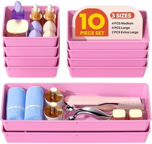 10 Pack Large Size Plastic Drawer Organizers Set, 3 Sizes Desk Drawer Organizer Trays, Storage Bins for Vanity, Makeup, Bathroom, Kitchen Utensils and Office (Pink) by Unknown