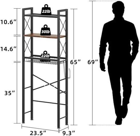 Kalrin Over The Toilet Storage with X Shape Side Guardrail, 3-Tier Over Toilet Storage Rack with Drain Basket, Freestanding Bathroom Organizer for Balcony Laundry, Vintage Brown - Image 2