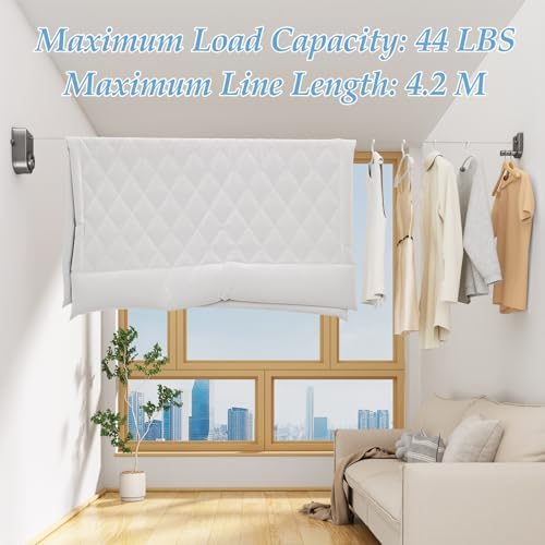 Danpoo Heavy Duty Retractable Clothesline - 13.8ft Adjustable Tension Stainless Steel Laundry Drying Line, Wall Mounted Clothes String with 2-in-1 Hook Base (Space Gray) - Image 4