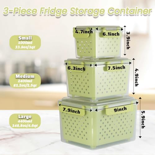 Set of 3 Fruit Storage Containers for Fridge with Removable Colander and Handle Lid, 4.6qt|2.5qt|1qt Dishwasher Microwave Safe, Keep Berry Fresh Longer (Light Green) - Image 3