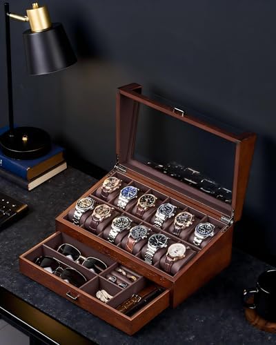 ProCase High End Wooden Watch Box for Men, 2-Layer Wood Watch Display Case Men's Jewelry Organizer Box with Drawer -12 Slot, Walnut - Image 4