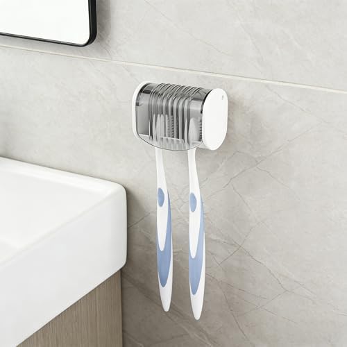 1 Pack Toothbrush Holder Wall Mounted with Cover for Bathroom, 2 Slots Toothbrush Storage Organizer for Shower, Self Adhesive Toothbrush Hanger (Grey) - Image 4