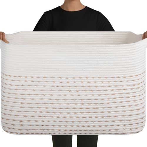 OIAHOMY 108L Extra Large Blanket Basket, 25”x16”x16” Rectangle Woven Cotton Rope Baskets for Living Room, Toy Storage with Handle- Light Yellow & White by MasterofSpaceOptimization