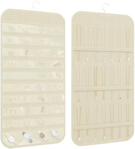 Double-Sided Hanging Jewelry Organizer for Necklaces Earrings, 1-Pack Beige by DonYeco