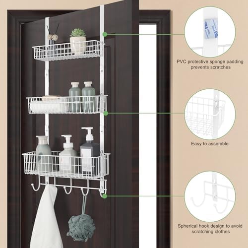 ETELI Over The Door Basket Organizer with 3 Mesh Baskets and 5 Hooks Heavy Duty Pantry Door Organizer Back of Door Storage Rack for Bathroom, Kitchen, Office, White - Image 3