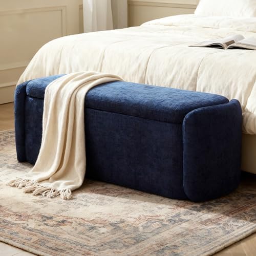 VKNOW Storage Bench, Upholstered Storage Ottoman Bench with Hinge, Navy - Image 3