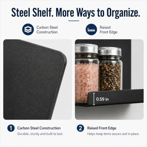 WAYUTO Magnetic Fridge Shelf for Refrigerator, 9.65-Inch Matte Metal Spice Rack and Organizer, No-Drill Storage Shelf for Kitchen, Office, Locker and Whiteboard, Black - Image 3