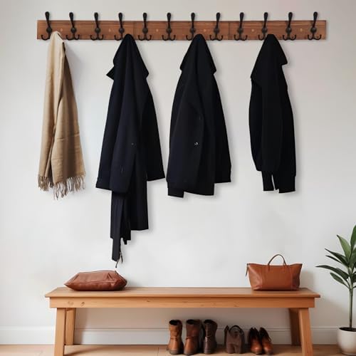 Wall Mount Coat Rack 47.3'' Burnt Brown Hanger - Rustic Towel Rack for Bathroom, Living Room - Hooks for Coats, Hats, Clothes - Image 2