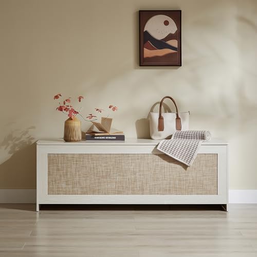 51.2" Storage Chest Large,Wooden Rattan Storage Bench.(White Cream) - Image 4