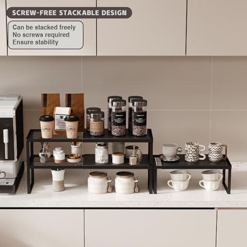 Magheo Expandable Cabinet Shelf Organizer, 1 Pack Stackable Kitchen Counter Shelf Riser, Metal Spice Rack Heavy Duty Countertop Organizer Storage for Kitchen, Pantry, Cupboard, Rv (5.9in Height,Black) - Image 3