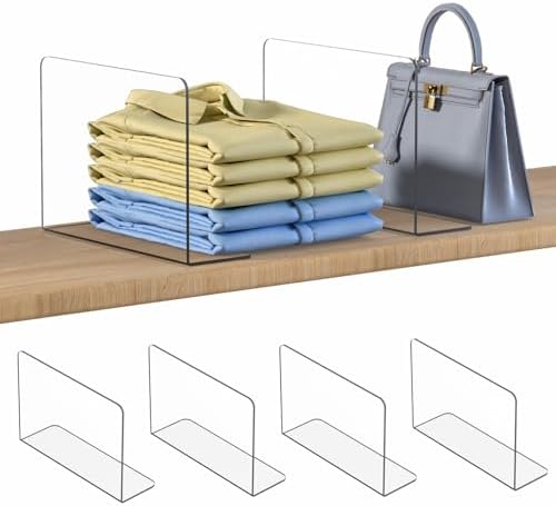 OKPOW Shelf Dividers Closet Organizer - 7.5" Tall X 11.8" Deep Acrylic Clear Sturdy Separate for Clothes Purse - Adjustable Space Saver Easy Install for Home Organization Enthusiasts 4 Pack by OKPOW