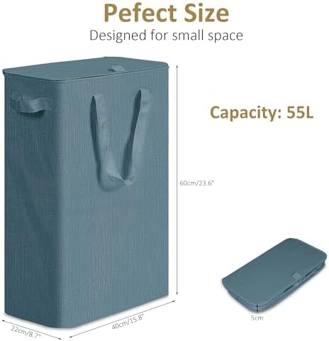 efluky Slim Laundry Basket with Lid, Narrow Laundry Hamper with Handles, Collapsible Dirty Clothes Hamper, Tall Laundry Bin for Laundry Room, Dorm and Bedroom, 55L Denim Blue - Image 2