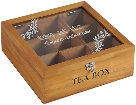Wooden Tea Box,Farmhouse Tea Storage Organizer,9-Slot,Clear Lid by handrong
