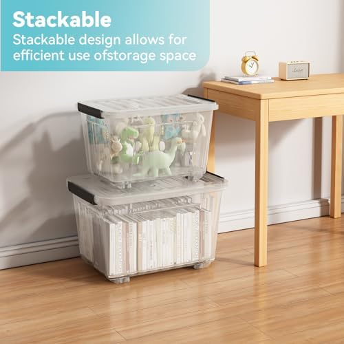 Nazhura 97 Quart Plastic Storage Bin, Stackable and Nestable Storage Boxes with Lids and Secure Latching Buckles, Large Storage Container (Clear, 97Quart-4Pack) - Image 5