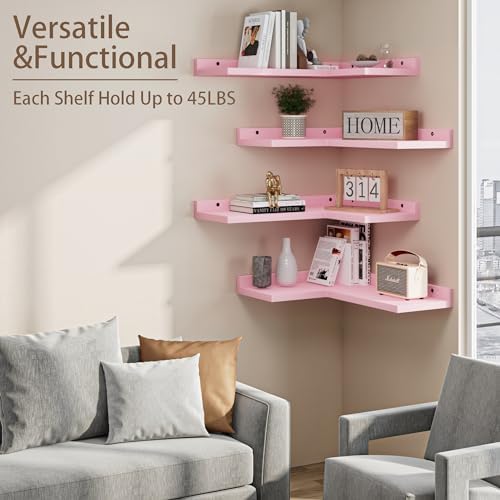 4 Tier Floating Corner Shelves Pink Set of 4, Rustic Pine Wooden Floating Corner Wall Shelf for Wall Décor Storage, L Shaped Corner Shelf Wall Mount for Bedroom, Living Room, Bathroom, Kitchen. - Image 4